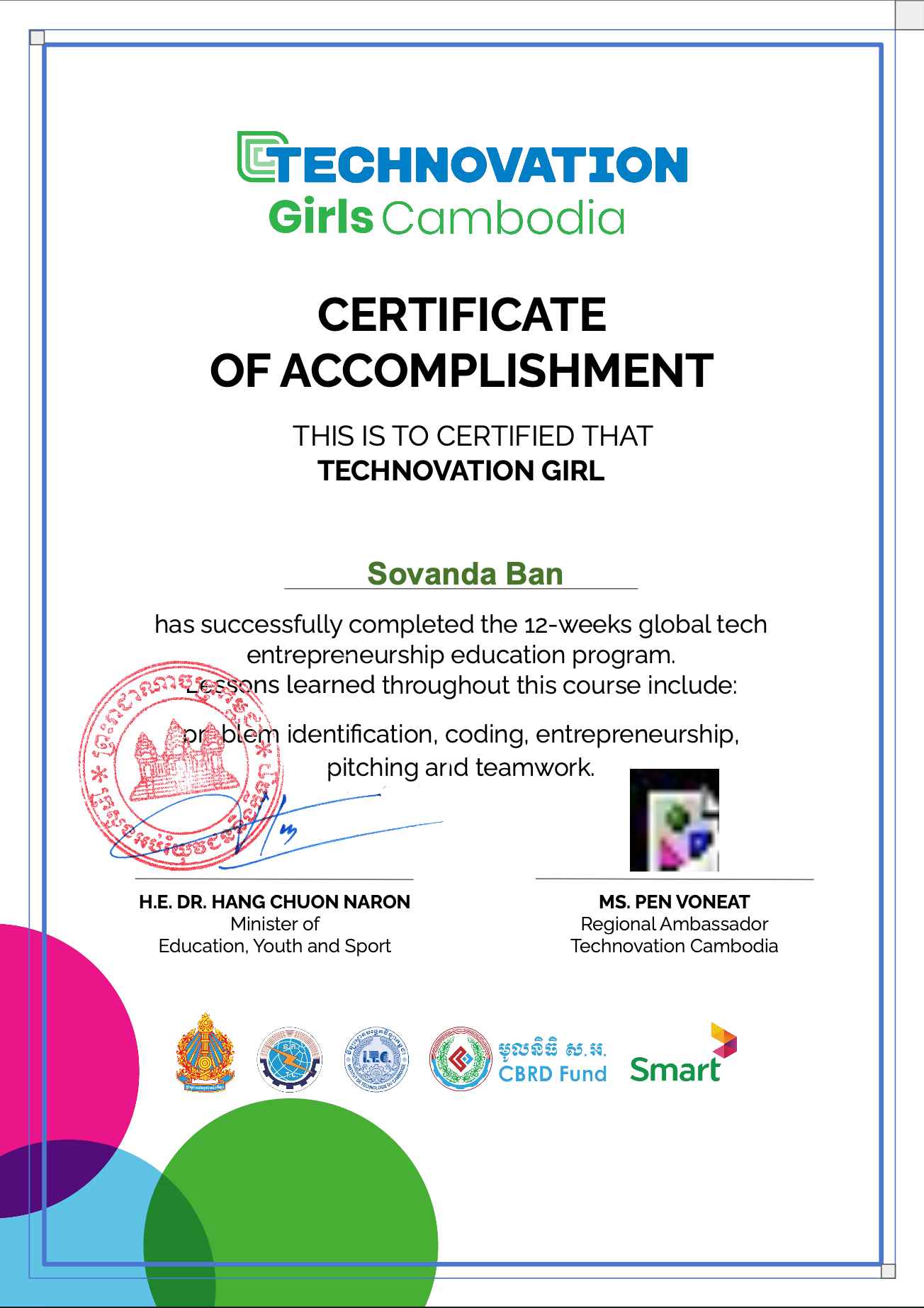 Technovation Girls 2019 certificate